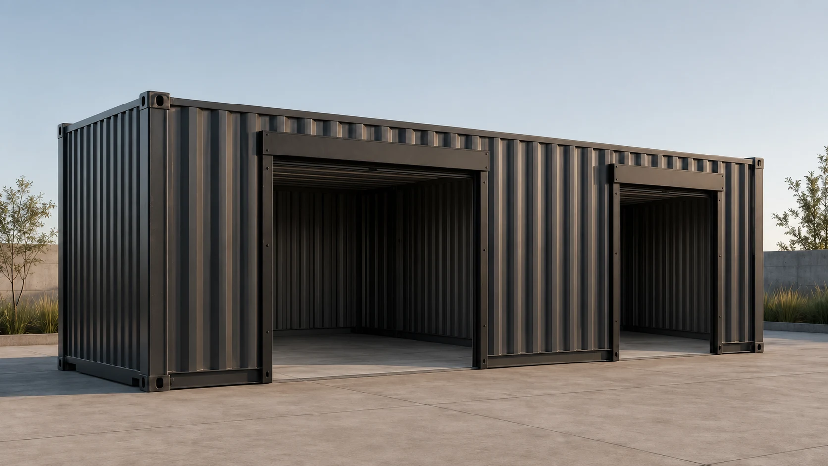 Fachada frontal de las minibodegas con las cortinas metálicas abiertas